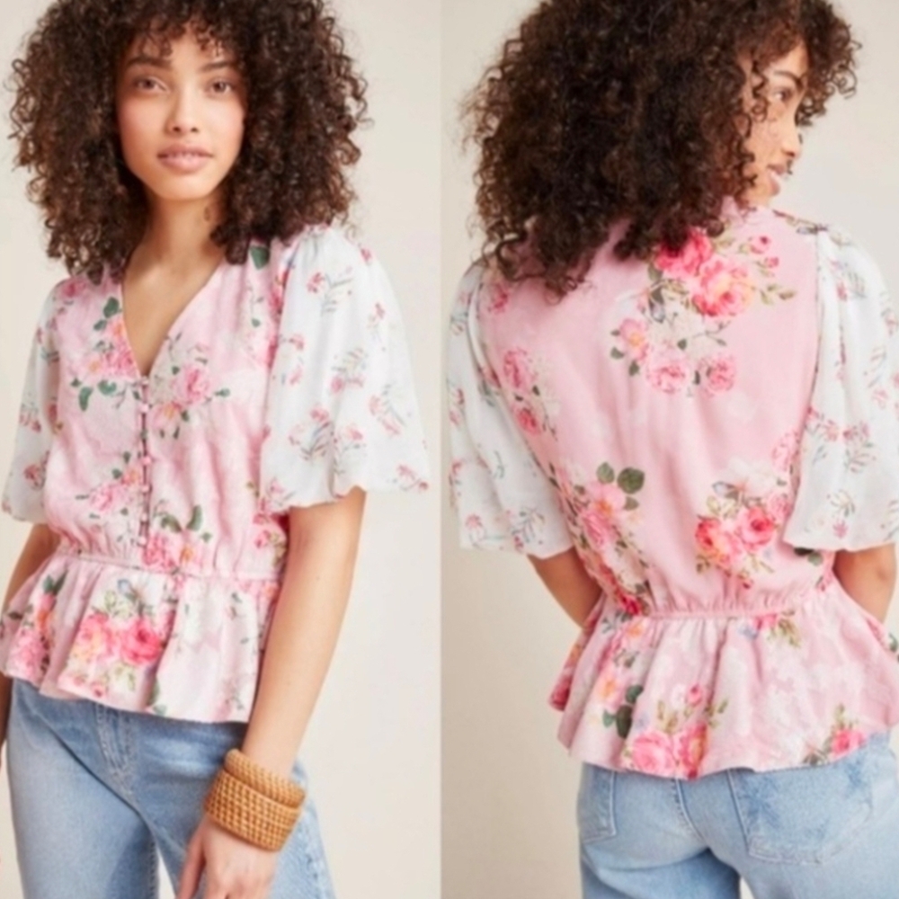 HEMANT & NANDITA Pink Floral Peplum Button-Front Blouse